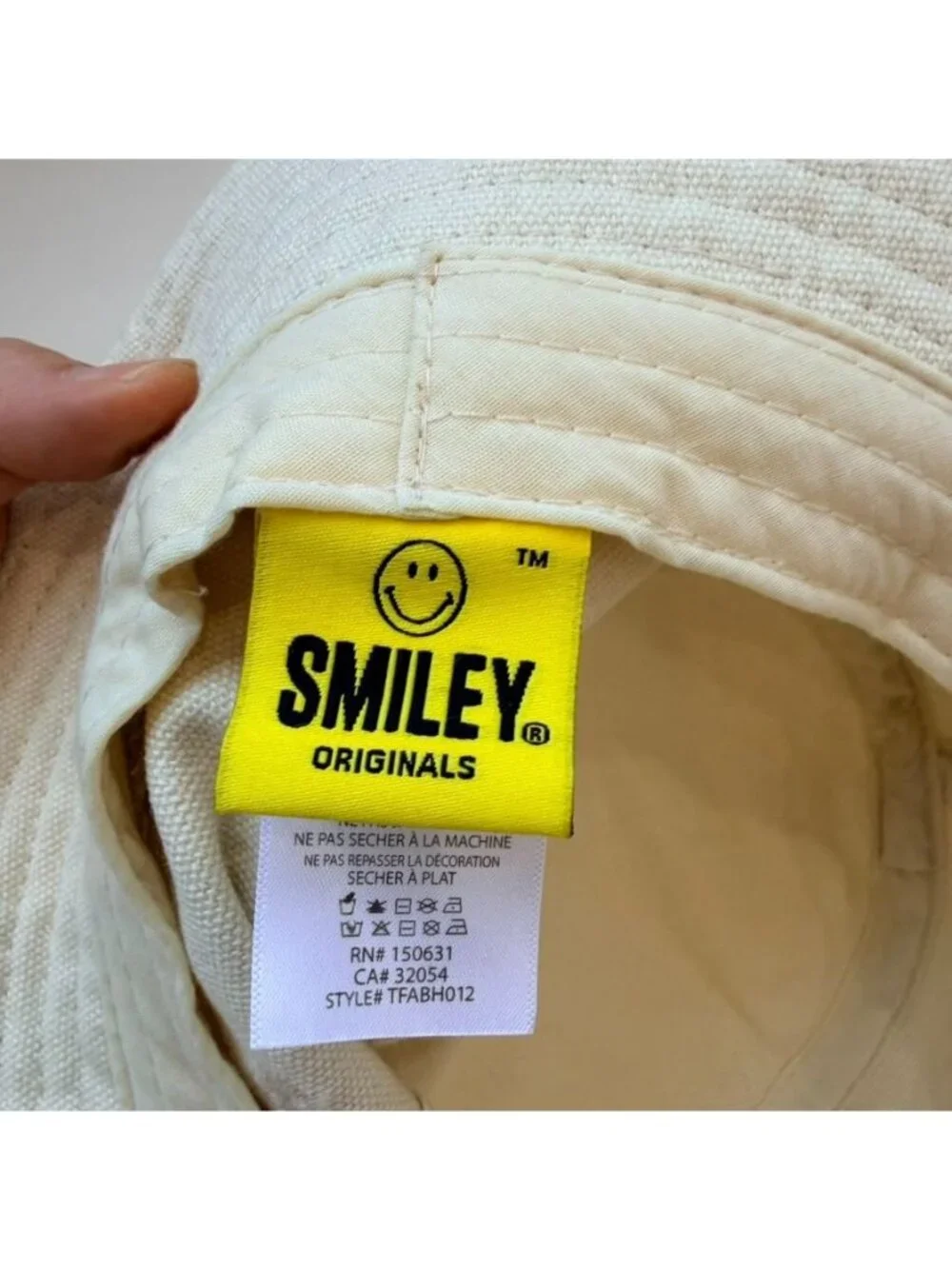 Smiley Face Embroidered Bucket Hat Cotton Beige